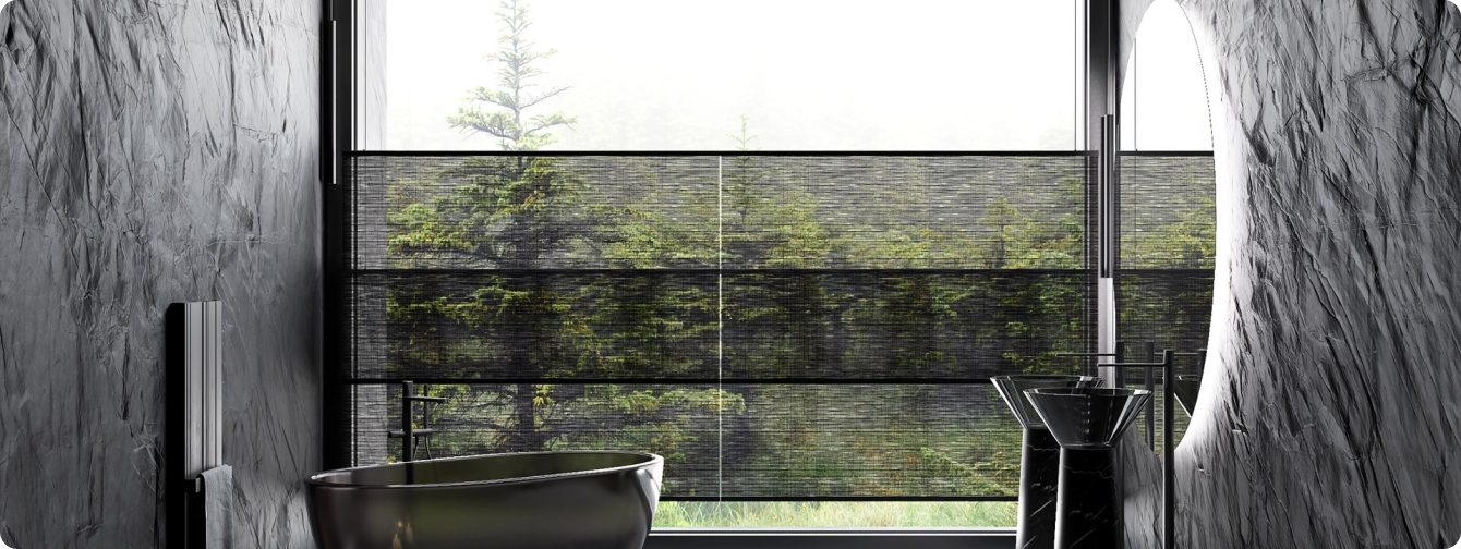 Modern interior with soft daylight through window treatments