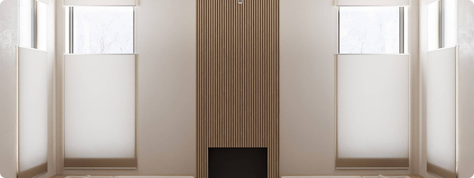 Minimalist interior with a vertical wooden slat wall and floor-to-ceiling windows with translucent Flow blinds