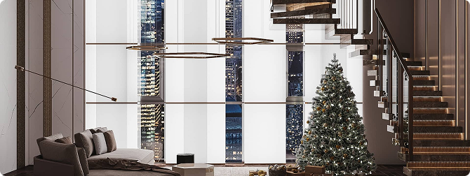Living room with floor-to-ceiling white panel shades, a wooden staircase and a Christmas tree, city lights visible through the panels