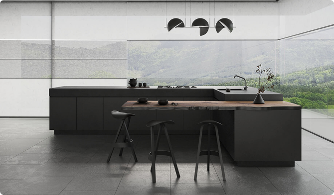 Rollo in a dark minimalist kitchen